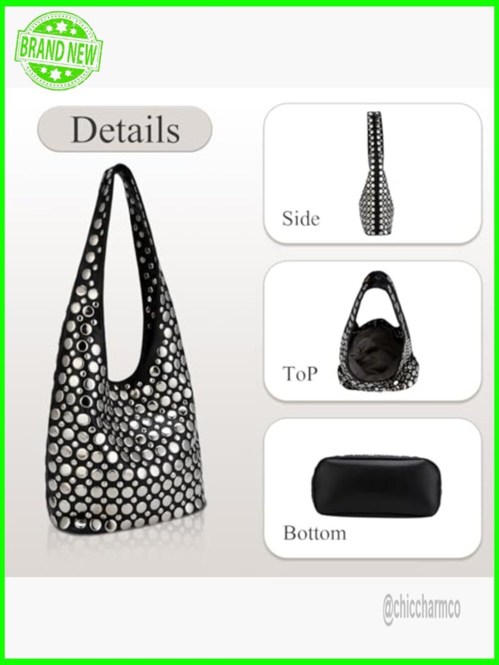 Studded Punk Hobo Shoulder Bag PU Leather Y2K Tote Handbag - Picture 3 of 7
